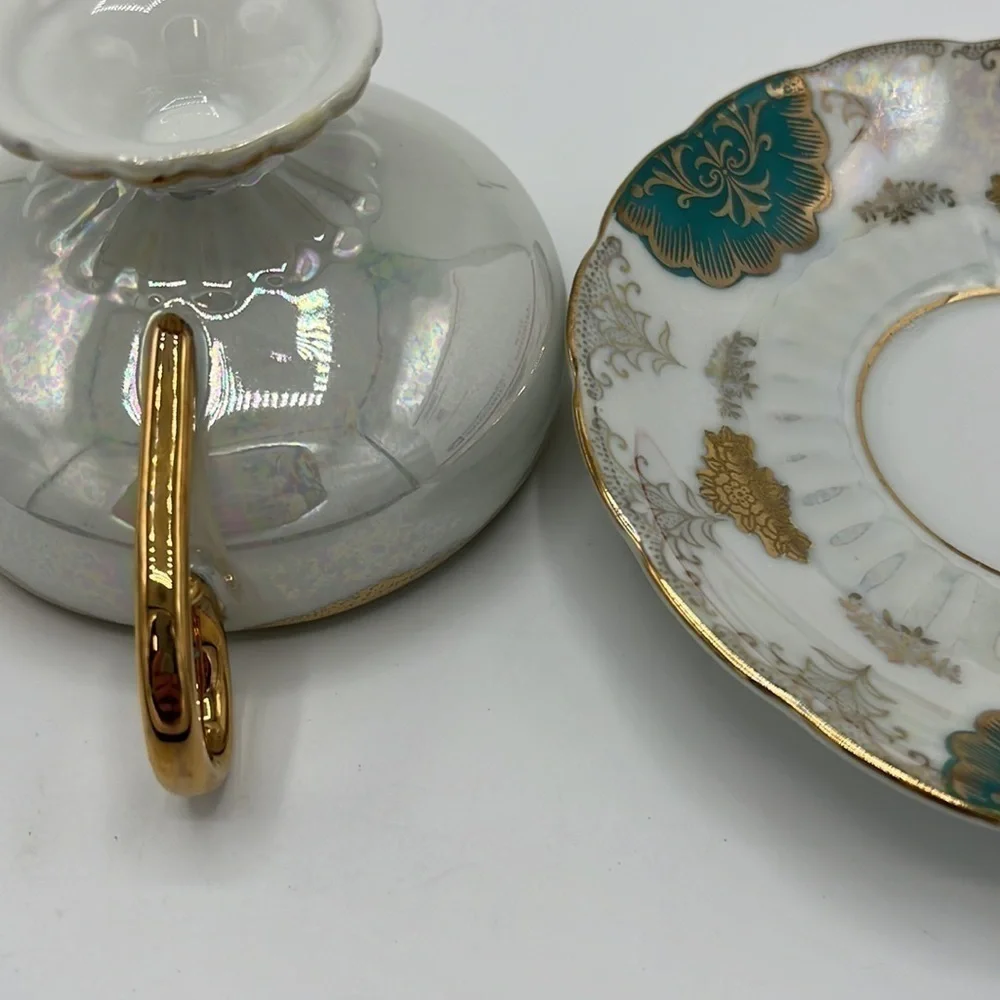 L M ROYAL HALSEY VERY FINE CHINA TEA CUP AND SAUCER SET GOLD, TEAL & IRIDESCENT